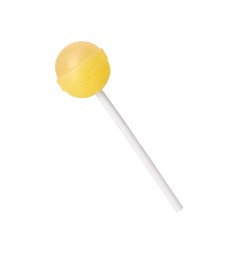 Photo of One sweet yellow lollipop isolated on white