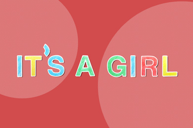 Image of Phrase ITS A GIRL on red background. Baby shower party