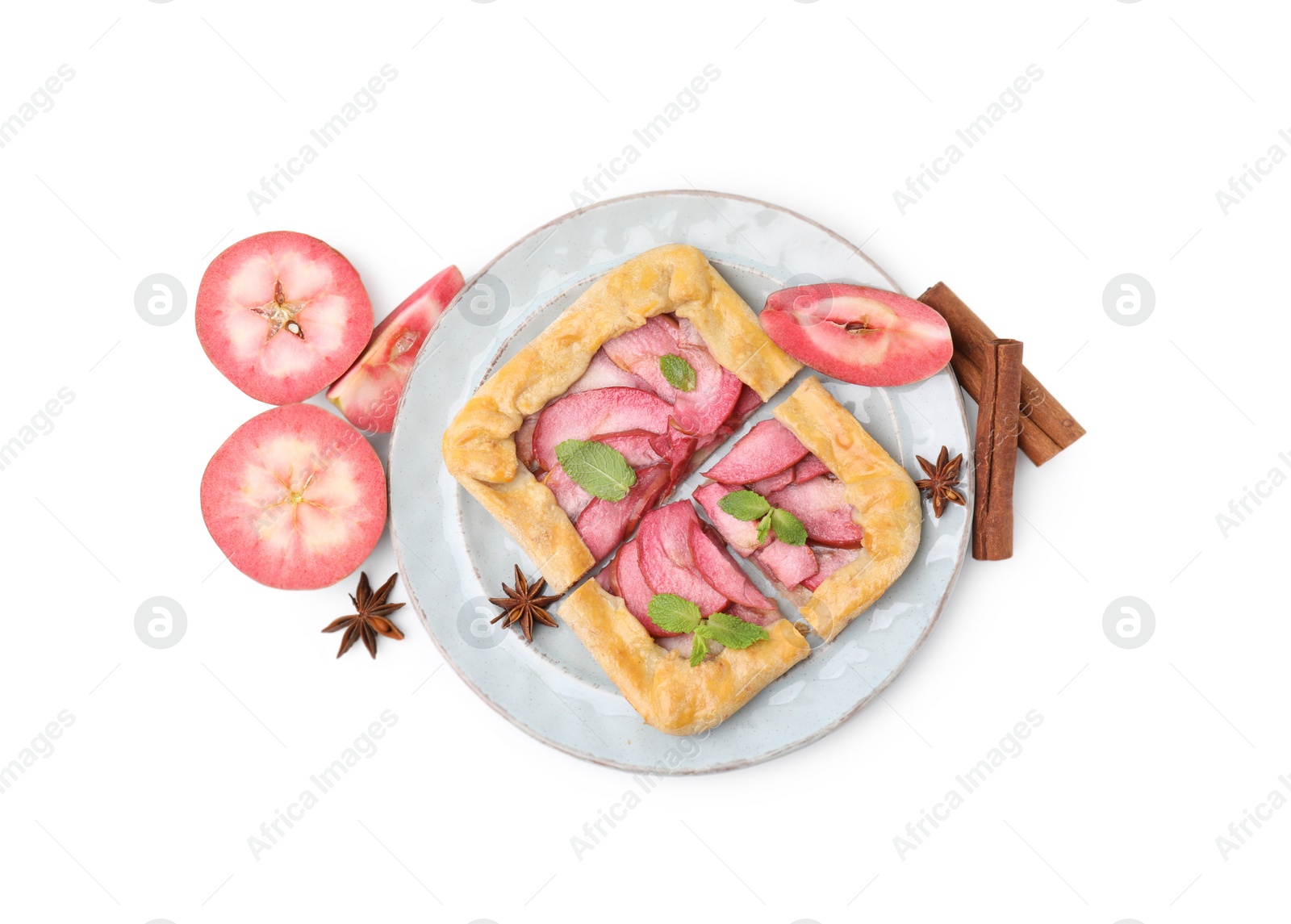 Photo of Delicious apple galette with mint and ingredients isolated on white, top view