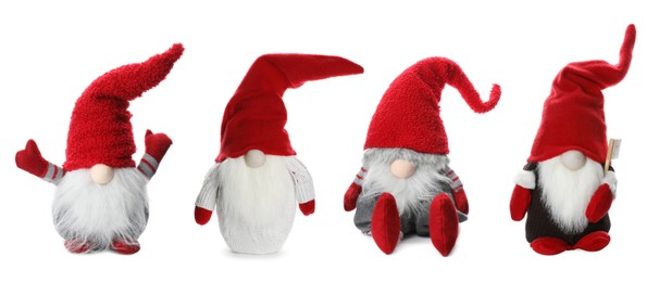 Image of Set with funny Christmas gnomes on white background. Banner design 