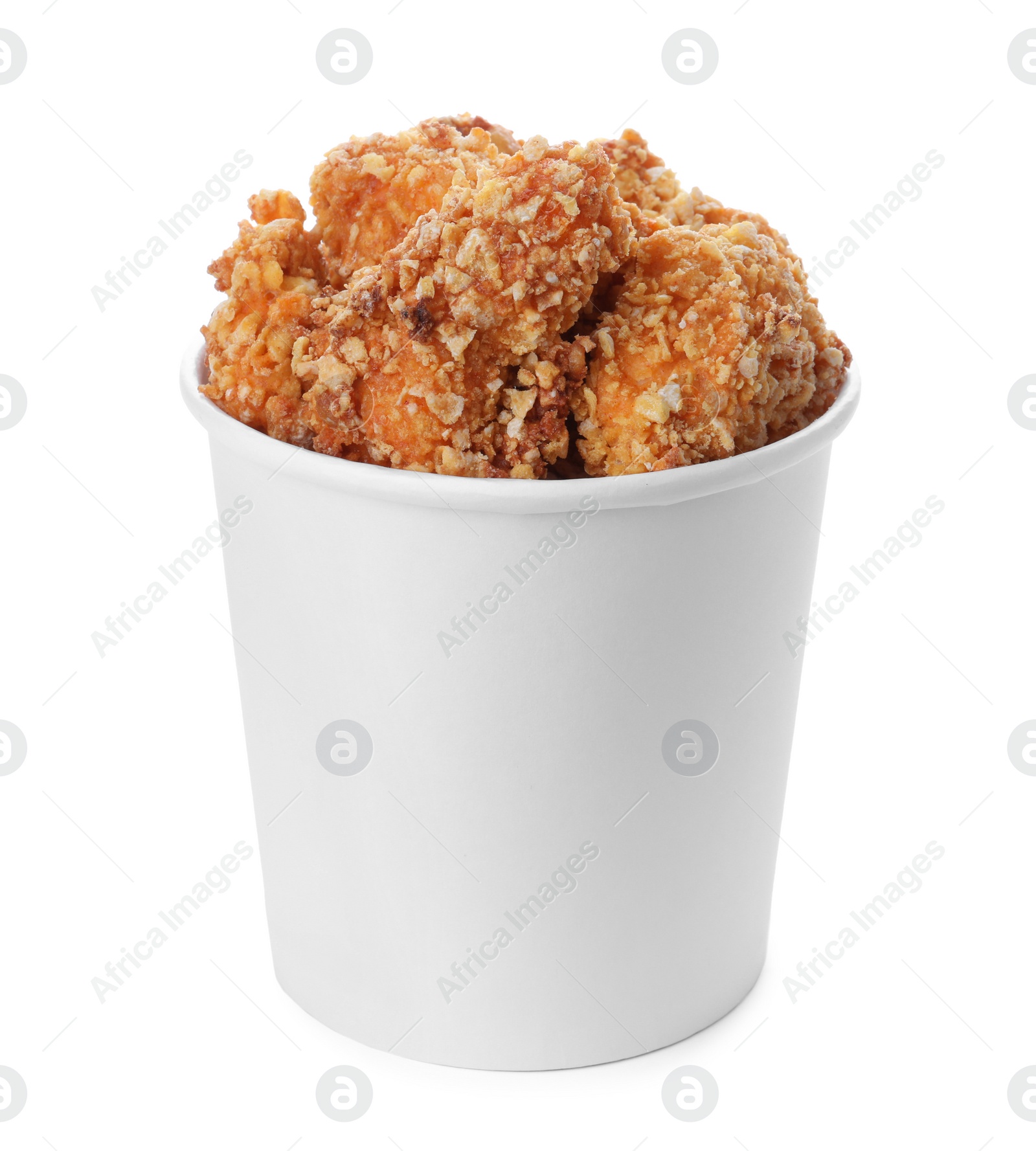 Photo of Bucket with yummy fried nuggets isolated on white