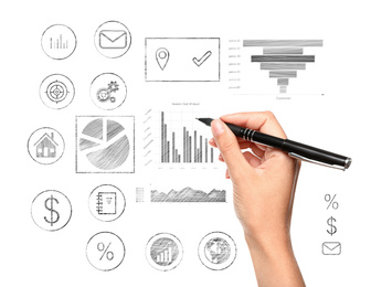 Image of Fintech concept. Woman drawing chart on white background, closeup
