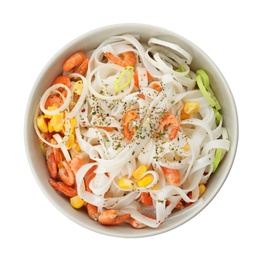 Photo of Bowl with rice noodles, shrimps and vegetables on white background, top view