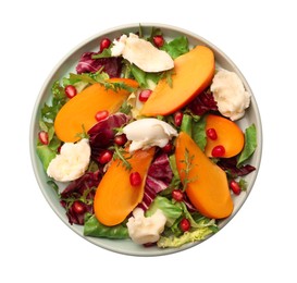 Plate with delicious persimmon salad on white background, top view