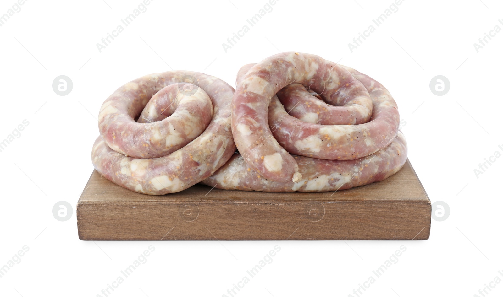 Photo of Board with homemade sausages isolated on white
