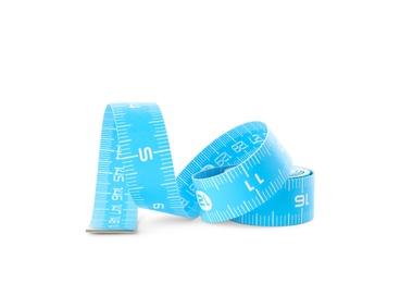 Light blue measuring tape isolated on white