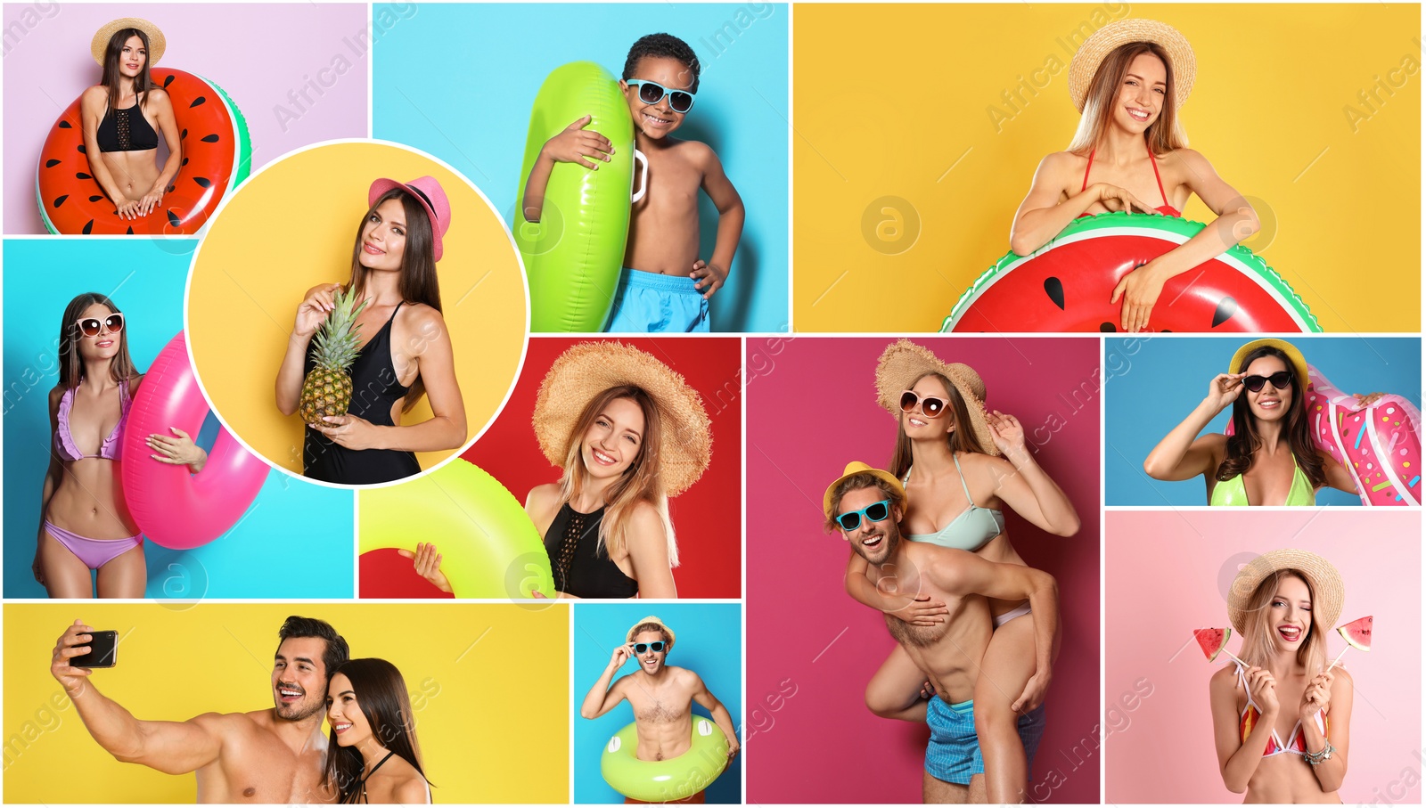 Image of Collage with beautiful photos themed to summer party and vacation. Happy people wearing swimsuits on different color backgrounds