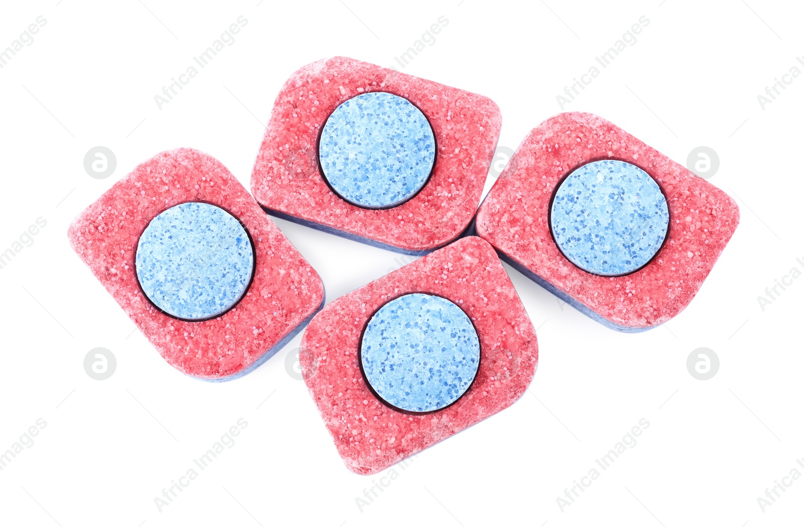 Photo of Many dishwasher detergent tablets on white background, top view