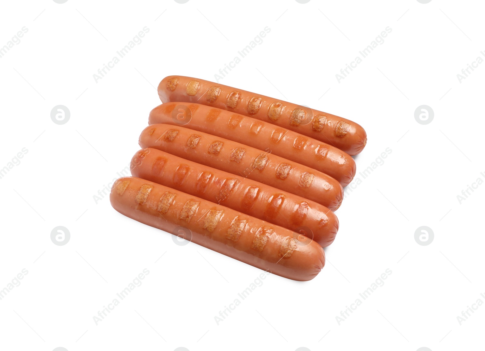 Tasty grilled sausages on white background. Ingredients for hot dogs Photo of Tasty grilled sausages on white background. Ingredients for hot dogs
