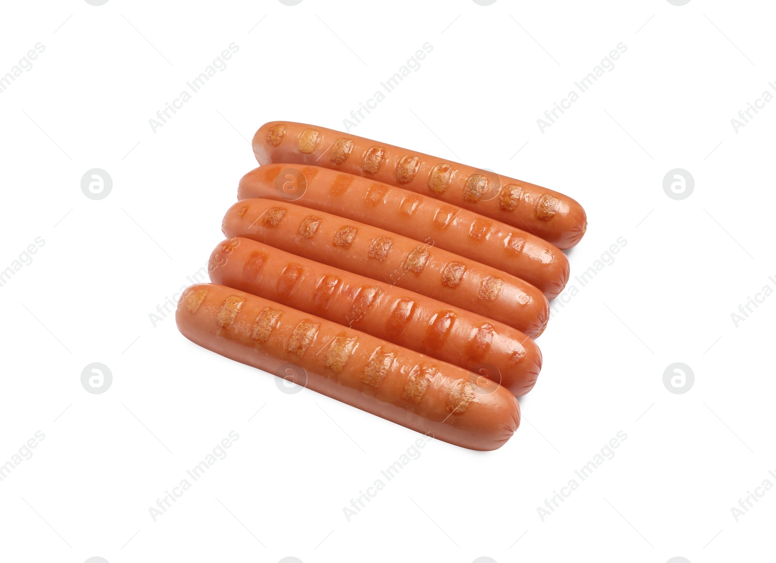 Photo of Tasty grilled sausages on white background. Ingredients for hot dogs