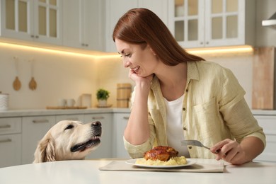 Cute dog begging for food while owner eating at table