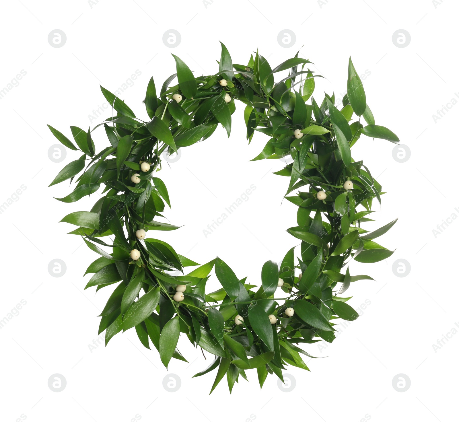 Photo of Beautiful handmade mistletoe wreath on white background. Traditional Christmas decor