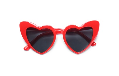 Stylish heart shaped glasses on white background