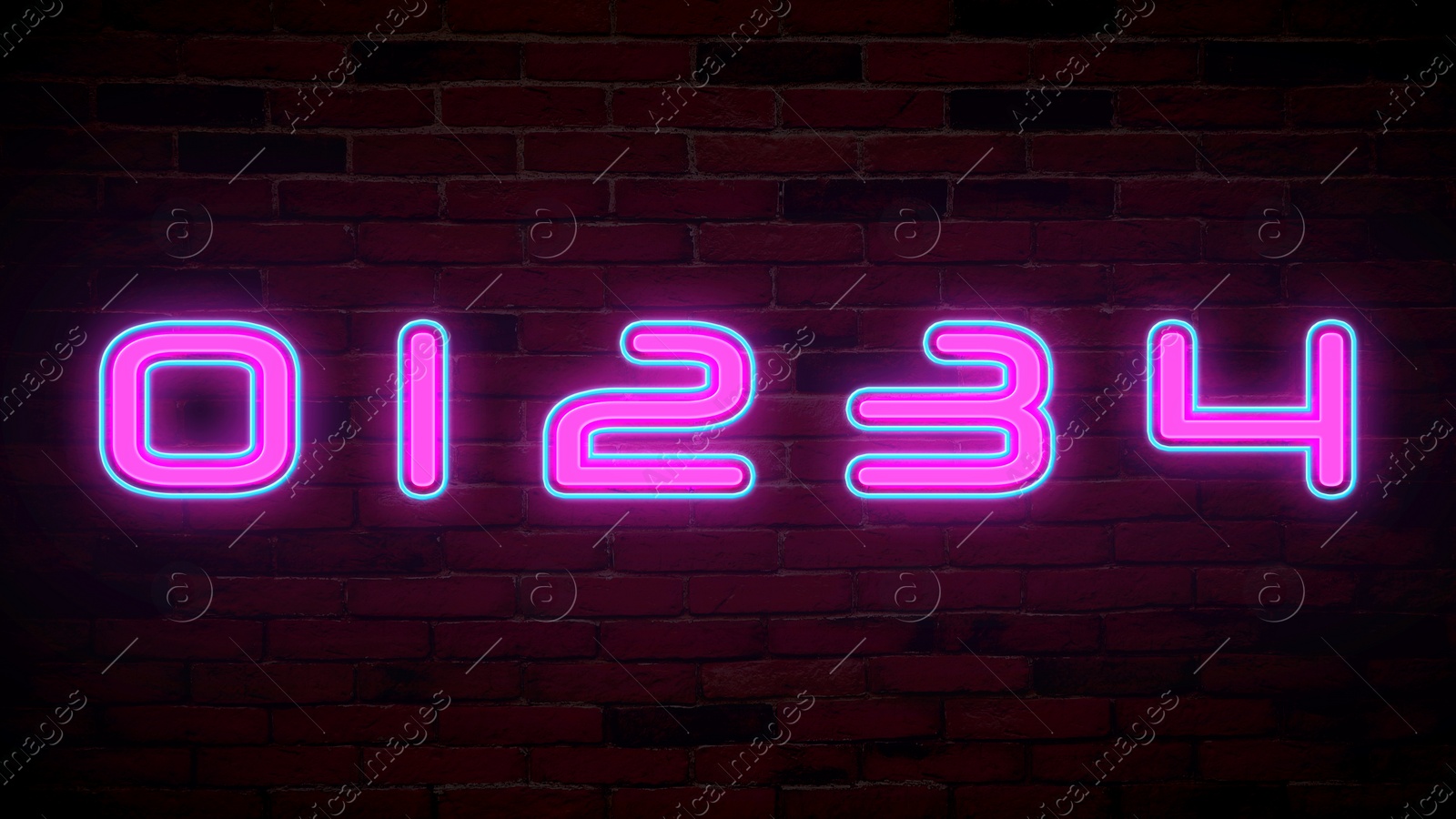 Image of Glowing neon number (0, 1, 2, 3, 4) signs on brick wall