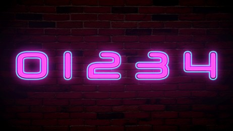 Image of Glowing neon number (0, 1, 2, 3, 4) signs on brick wall
