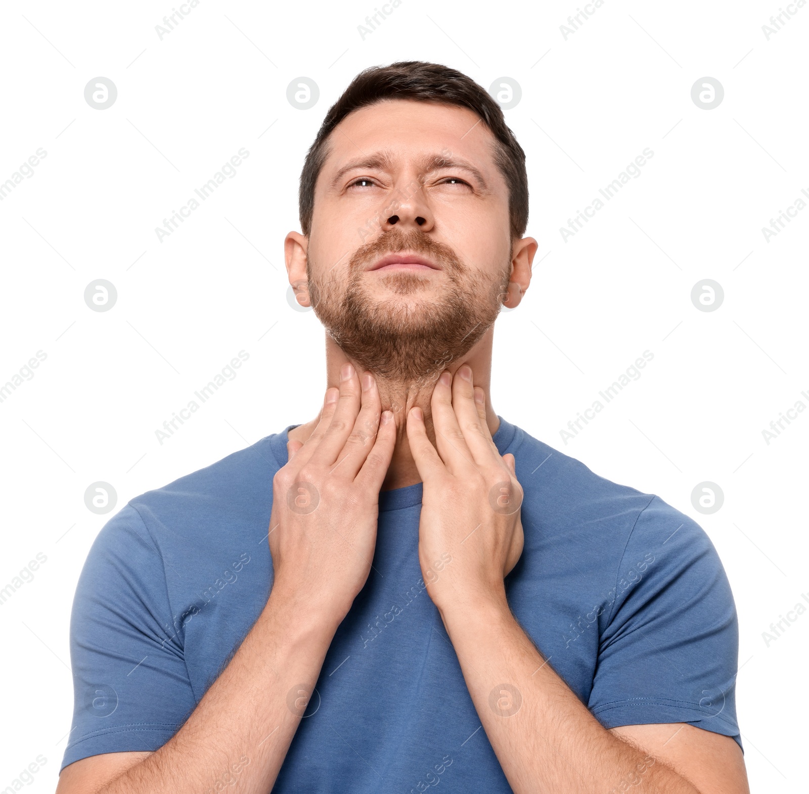 Photo of Man suffering from sore throat on white background