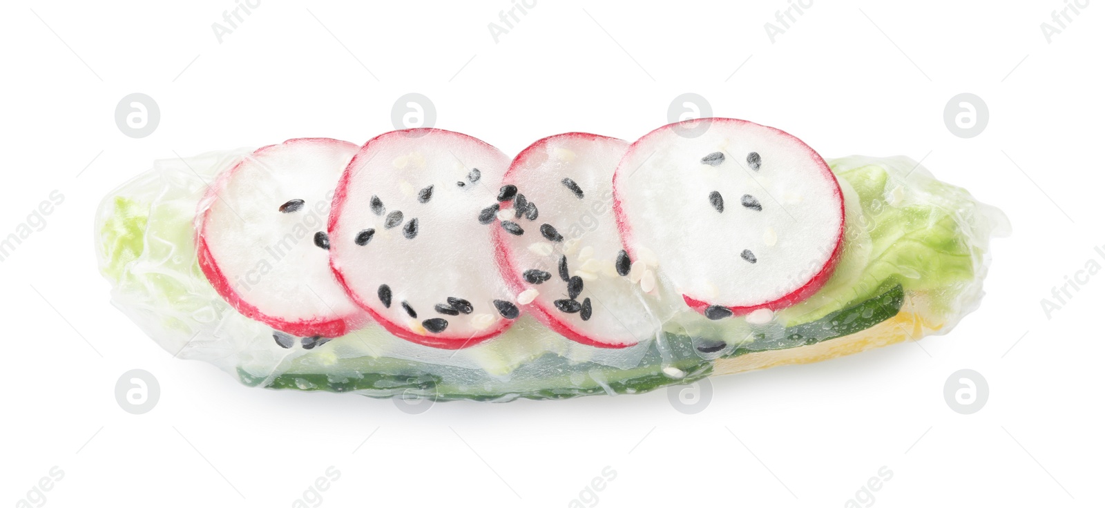 Photo of Delicious spring roll wrapped in rice paper isolated on white