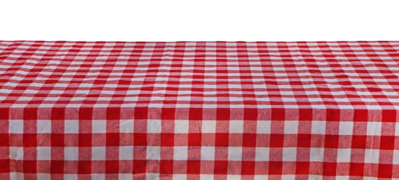 Photo of Table with checkered picnic cloth isolated on white