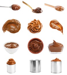 Collage with boiled condensed milk on white background