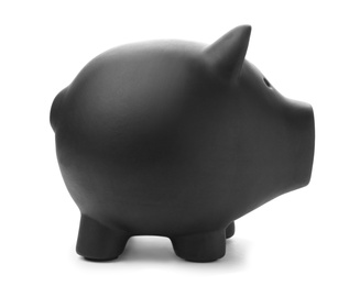 Photo of Black piggy bank on white background. Money saving