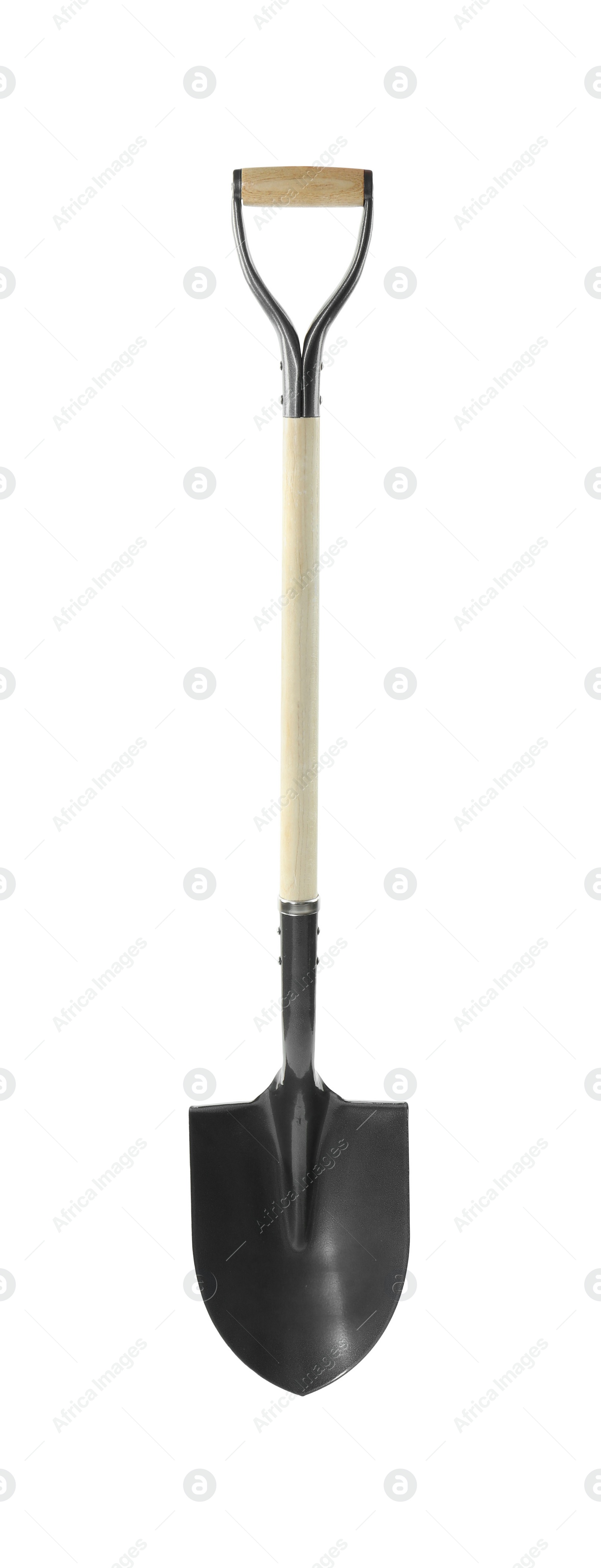 One new shovel with wooden handle isolated on white. Gardening tool Photo of One new shovel with wooden handle isolated on white. Gardening tool