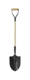 Photo of One new shovel with wooden handle isolated on white. Gardening tool