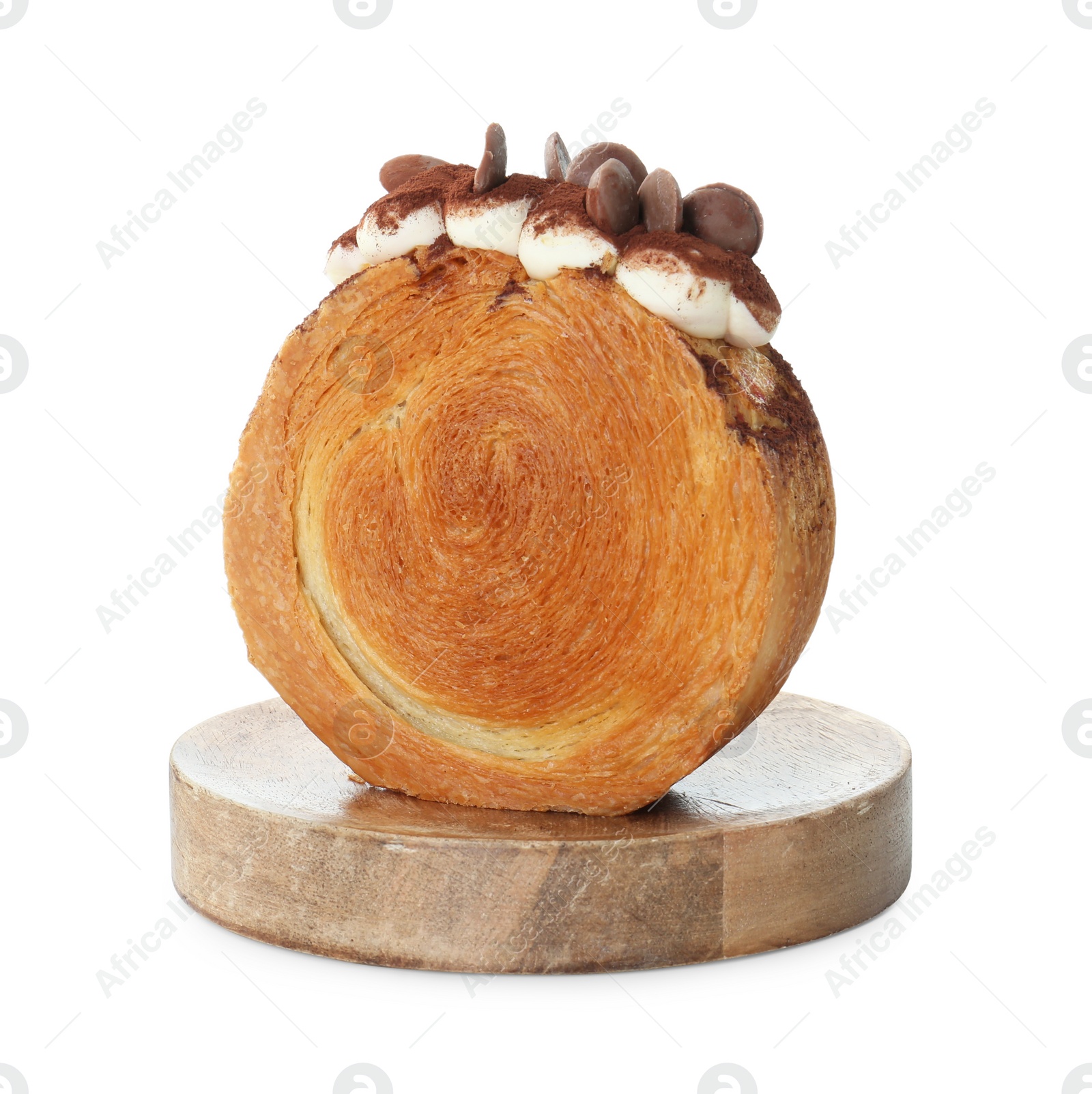 Photo of Round croissant with chocolate chips and cream isolated on white. Tasty puff pastry