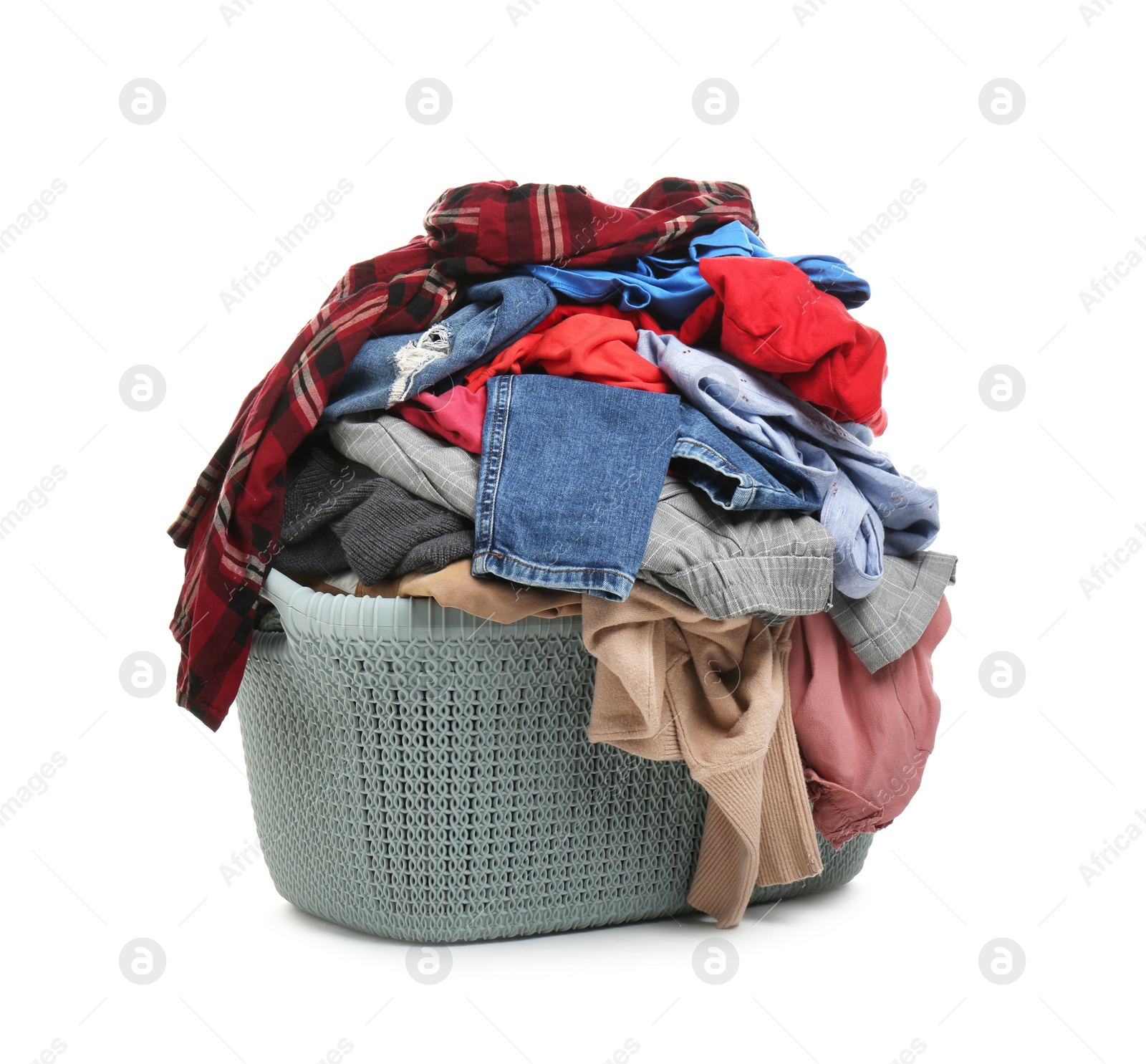 Photo of Plastic laundry basket full of clothes isolated on white