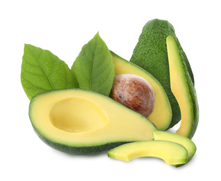 Cut and whole fresh avocados on white background