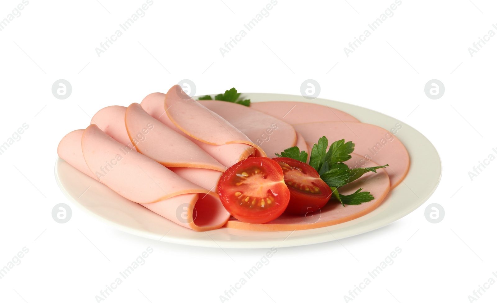 Photo of Slices of delicious boiled sausage with parsley and tomato on white background