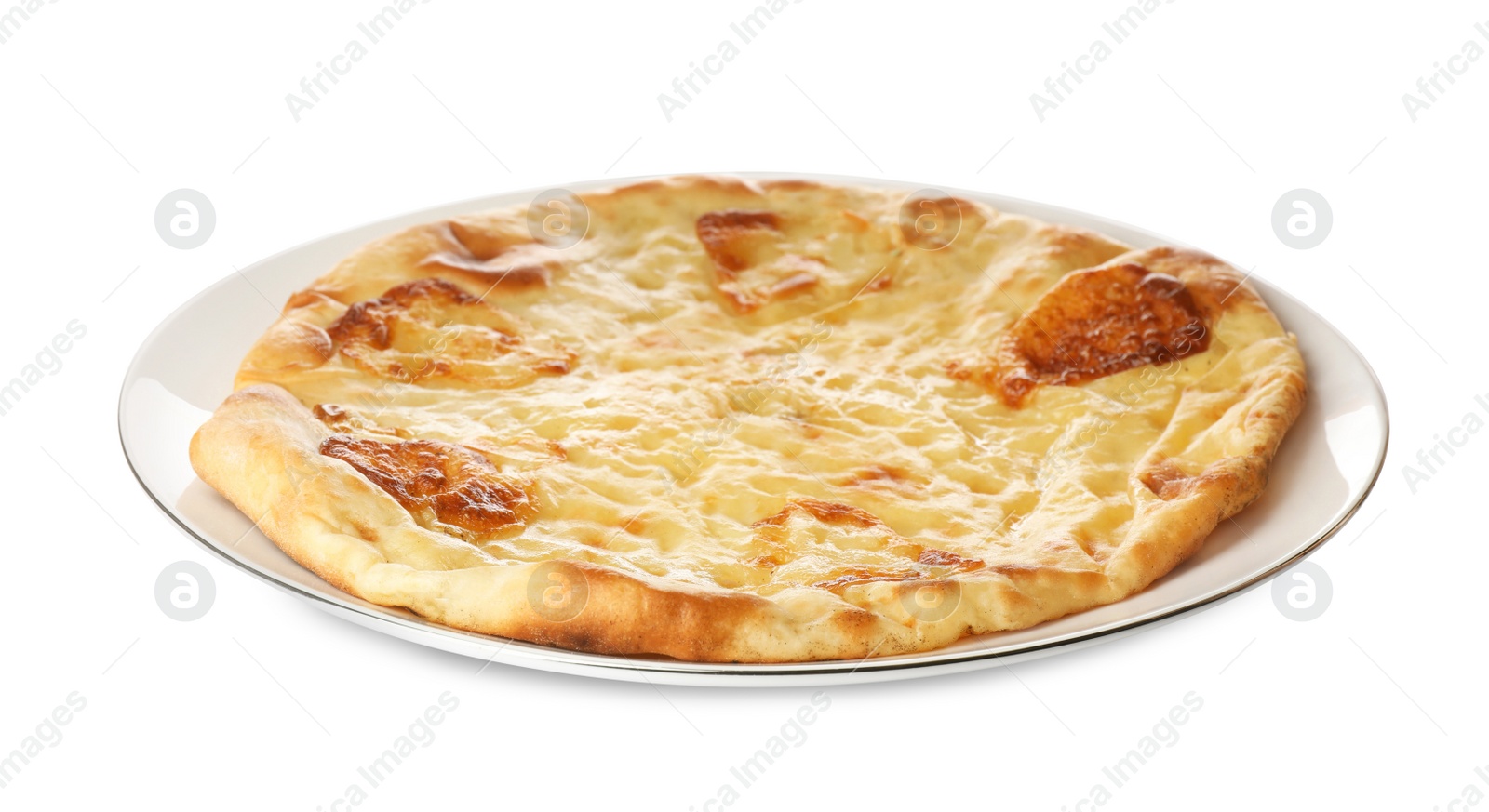 Photo of Delicious khachapuri with cheese on white background