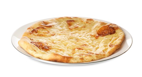 Photo of Delicious khachapuri with cheese on white background