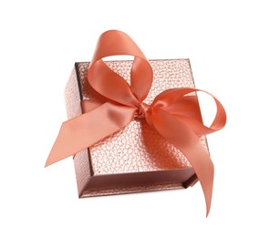 Photo of Beautiful pink gift box with ribbon and bow on white background