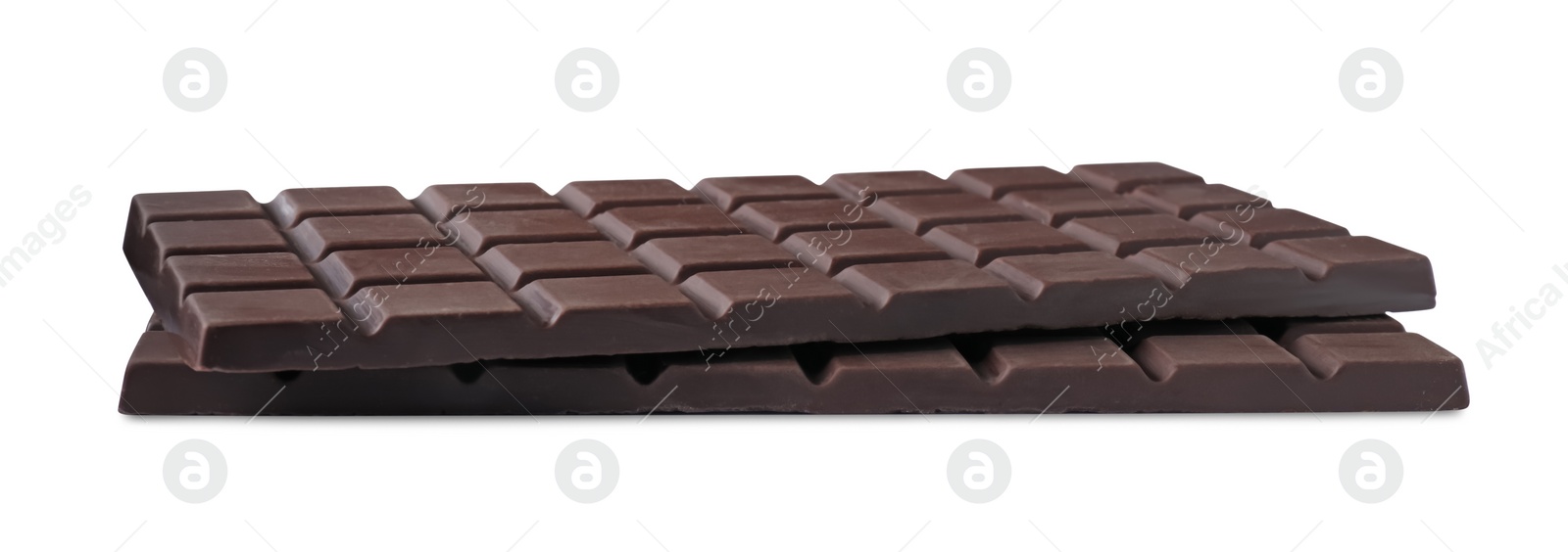 Photo of Delicious dark chocolate bars isolated on white