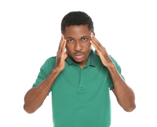 Portrait of emotional African-American man on white background