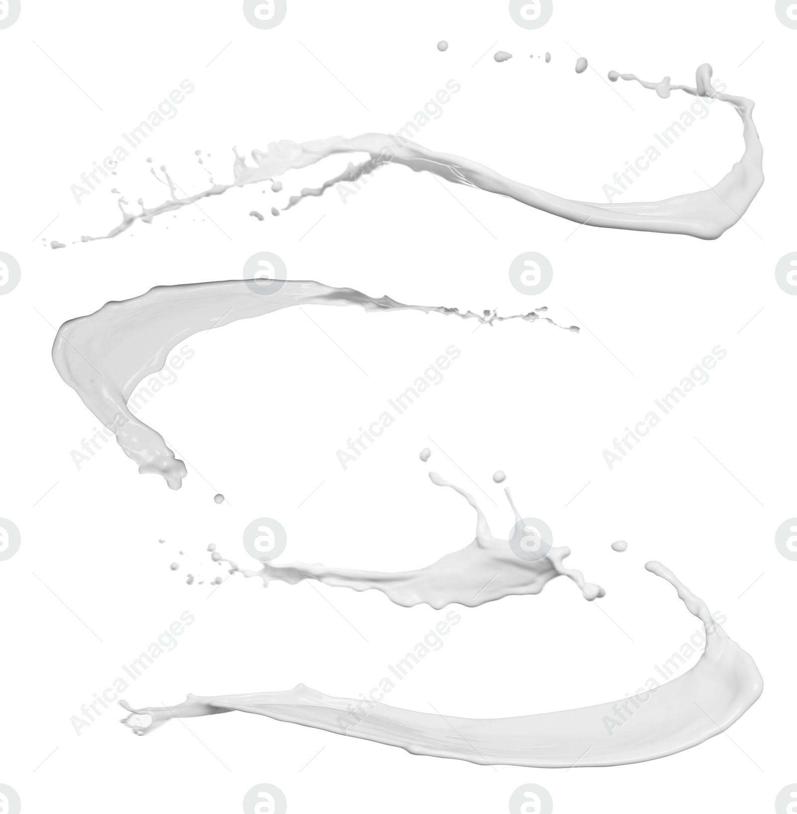 Image of Set with abstract splashes of milk on white background 