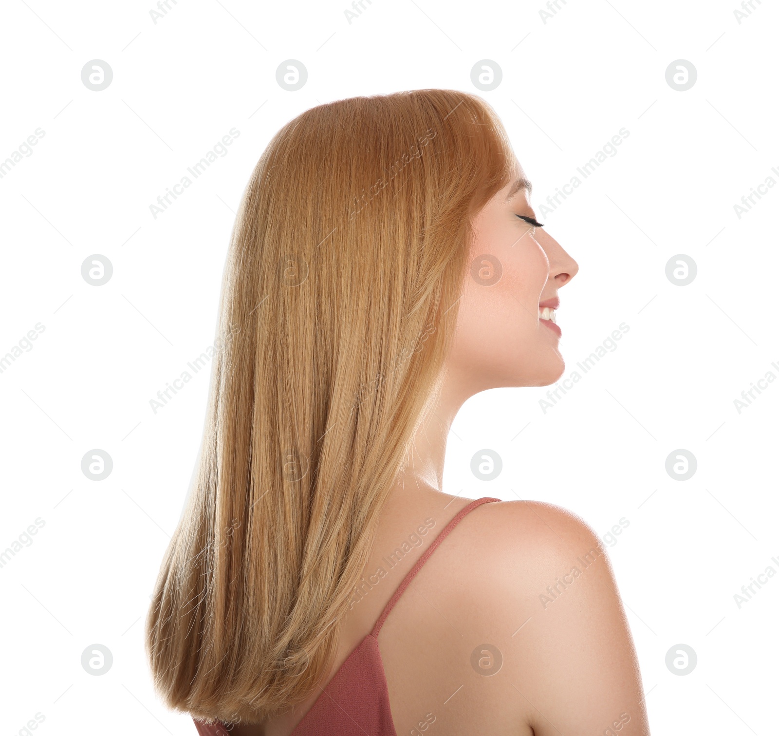 Photo of Beautiful young woman with blonde hair on white background
