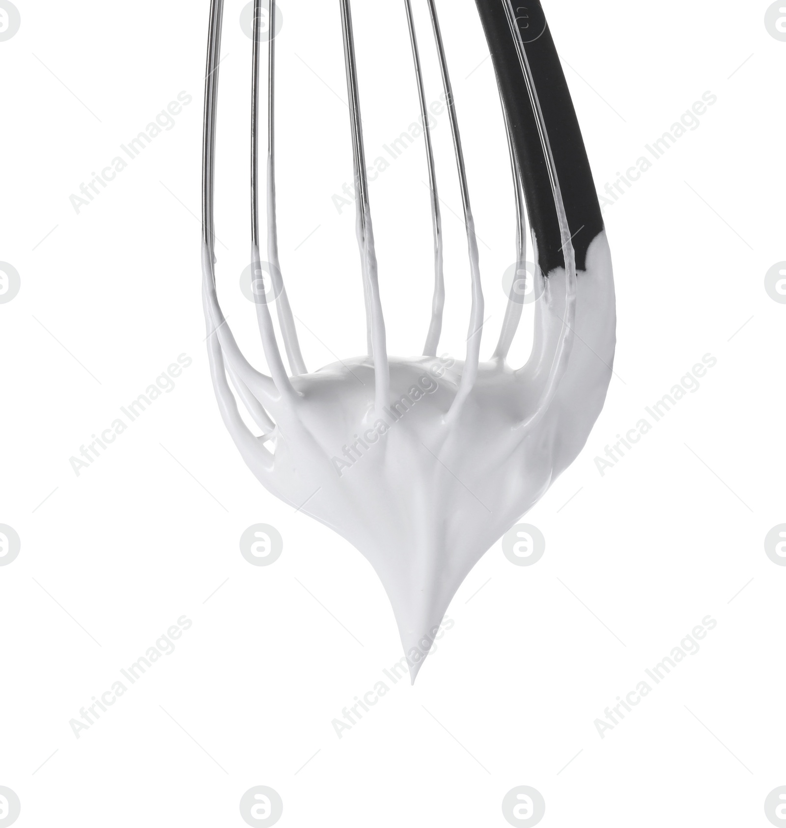 Photo of Whisk with whipped cream isolated on white