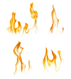 Set with beautiful bright fire flames on white background