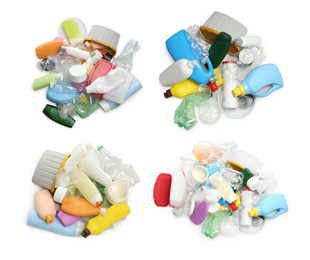 Set with piles of plastic garbage on white background, top view
