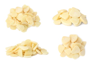 Set of cut garlic on white background