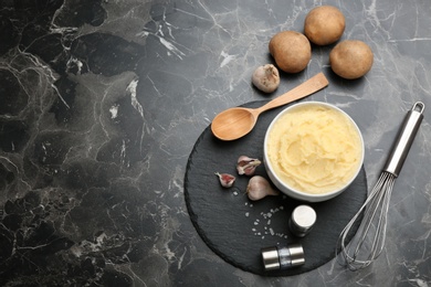 Photo of Flat lay composition with mashed potatoes and space for text on marble background