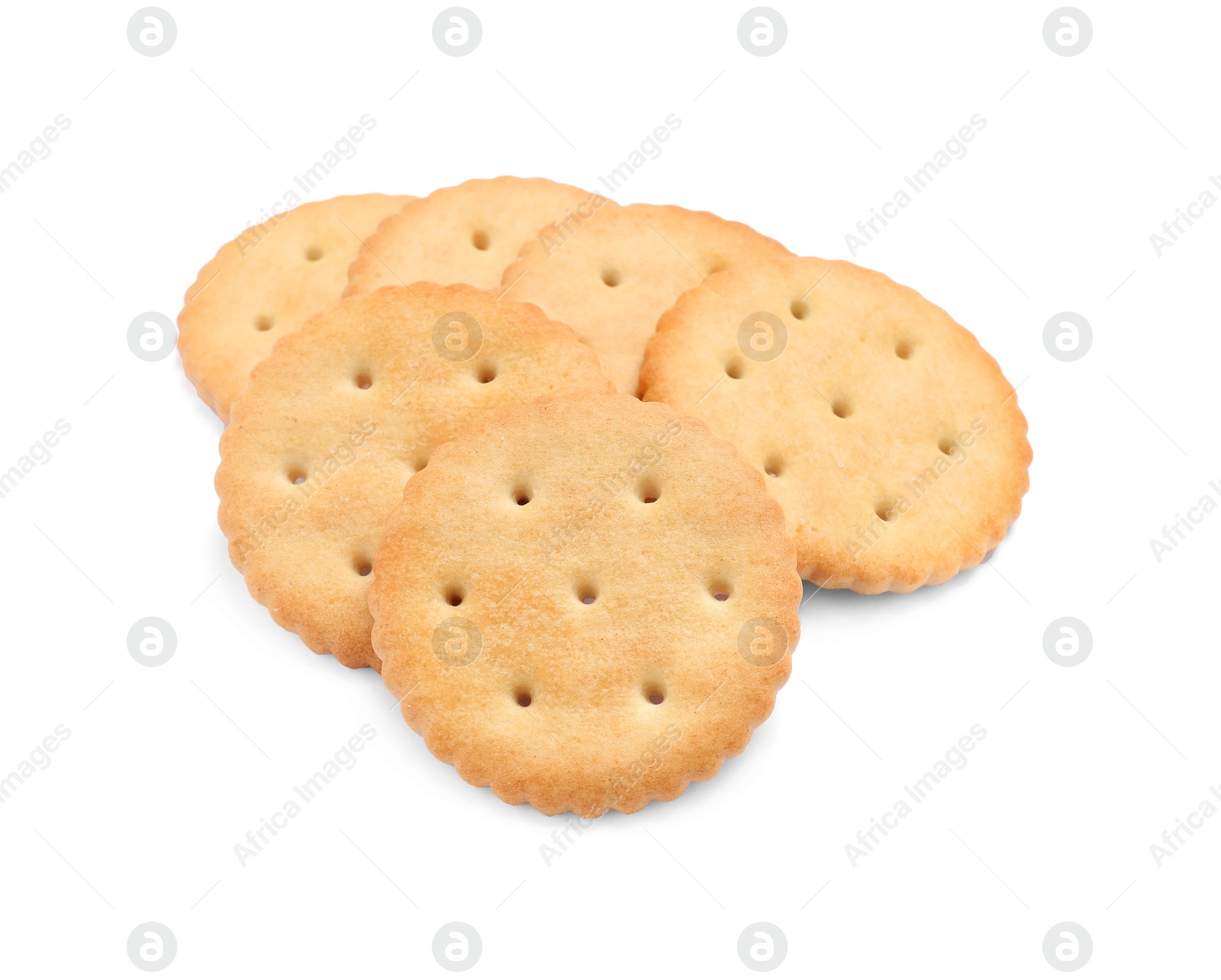 Photo of Tasty crispy round crackers isolated on white