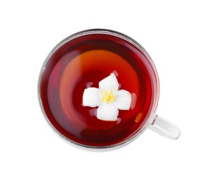 Photo of Cup of tea with fresh jasmine flower isolated on white, top view