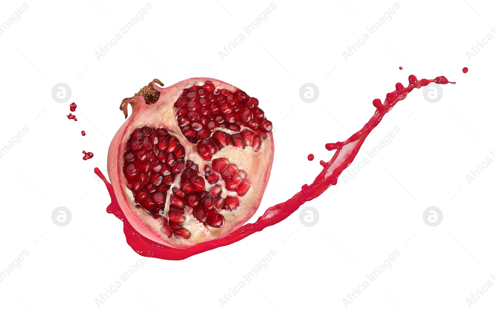 Image of Fresh ripe pomegranate and splash of juice on white background