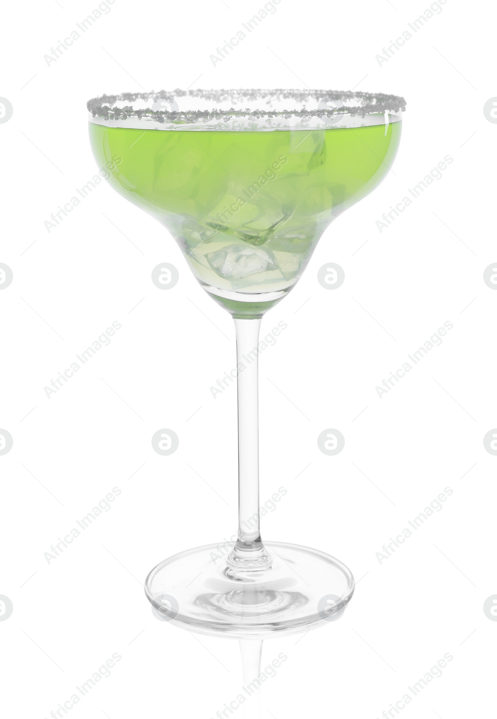Photo of Delicious Margarita cocktail with ice cubes in glass isolated on white