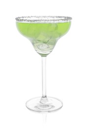 Delicious Margarita cocktail with ice cubes in glass isolated on white