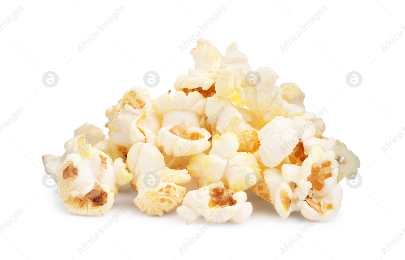 Photo of Fresh popcorn isolated on white. Tasty snack