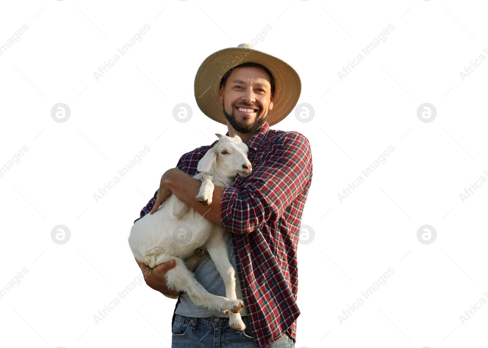 Image of Man with cute goat on white background