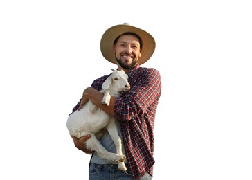 Man with cute goat on white background